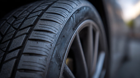 Close up of a car tire with shallow depth of field, selective focusの素材