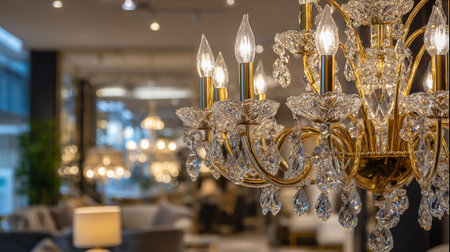 A detailed view showcases a golden chandelier adorned with sparkling crystal pendants, enhancing the elegant ambiance of a modern interior design showroom filled with stylish furniture and lighting elements.の素材