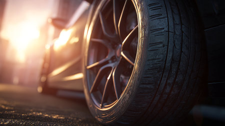 Close-up of the wheel of a sports car. Auto service industry.の素材