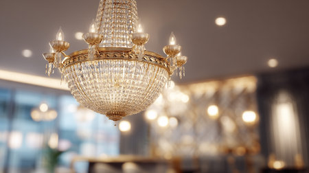 A lavish crystal chandelier hangs gracefully, casting a warm glow in a blurred interior. The golden accents and intricate details create a sense of opulence, with a decorative ambiance adding a touch of luxury.の素材