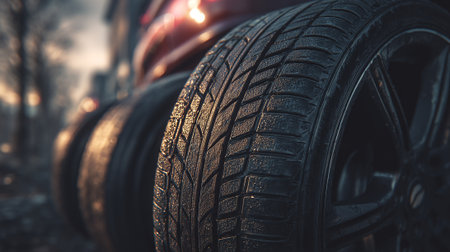 Car tires on the road in the evening. Close-up.の素材