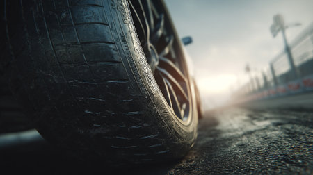 Tire on the road in the evening. 3d rendering.の素材
