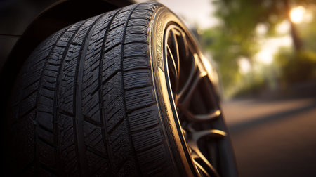 Car tires on the road in the evening. 3d rendering.の素材