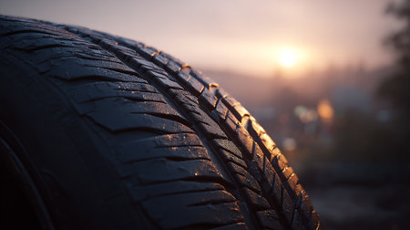 Tyre close up in the sun at sunset. Selective focus.の素材