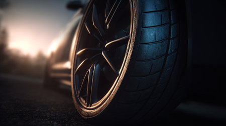 Car wheel on the road at sunset. 3d render illustration.の素材