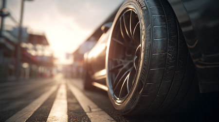 Car wheels on the road at sunset, close-up. Concept of sport, speed and motion.の素材