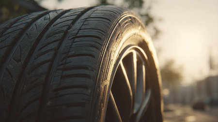 Close up of car tire on road with sunlight in the morning.の素材