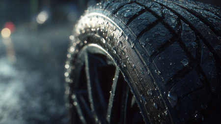 Close-up of a car tire with raindrops on it.の素材