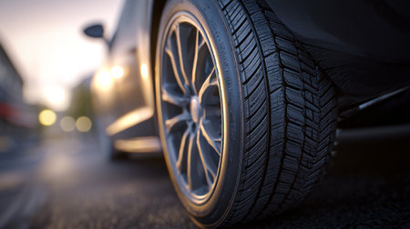 Close-up of a car wheel in the evening light. 3d renderingの素材