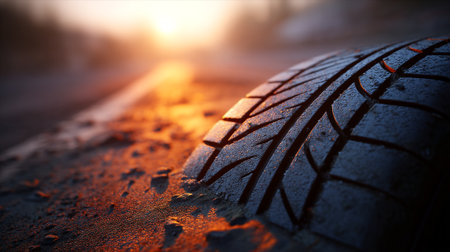 Car tire on the road at sunset. Close-up view.の素材