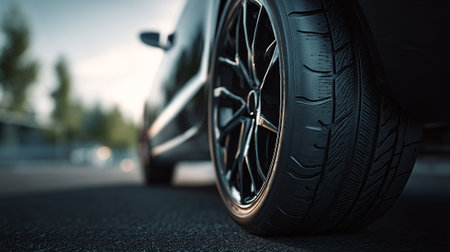 Close up of a car wheel on the road. 3d renderingの素材