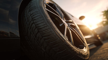 Close up of a car wheel at sunset. Automotive background.の素材