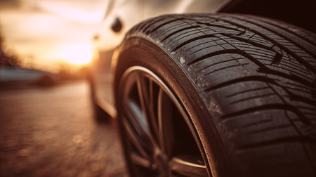 Car tire on the road at sunset. Close-up view.の素材