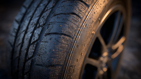 Closeup of a car tire with water drops. Selective focus.の素材