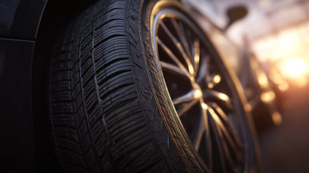 Car tires close-up on a blurred background. The concept of road safety.の素材