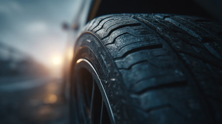 Car wheel close up on a blurred background of the road at sunsetの素材