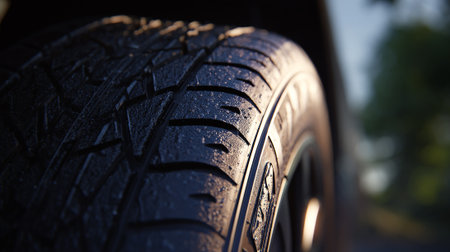 Closeup of a car tire on a blurred background. Selective focus.の素材
