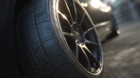 Car tires on the background of the night city. Close-up.の素材