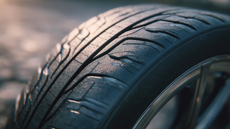Close-up of car tire. Selective focus with shallow depth of field.の素材