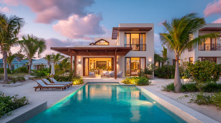 Luxury villa with swimming pool at dusk, Maldivesの素材