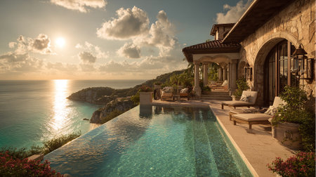 Swimming pool in luxury villa by the sea at sunset.の素材