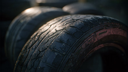 Old car tires in the parking lot. Selective focus. Shallow depth of fieldの素材