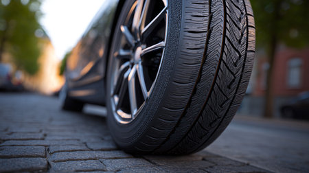 Car tires on the road in the city, close-up.の素材