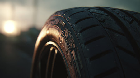 Car tire on the road at sunset. Selective focus. Toned.の素材