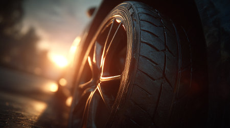 Car tires on the road at sunset. Close-up. Selective focus.の素材