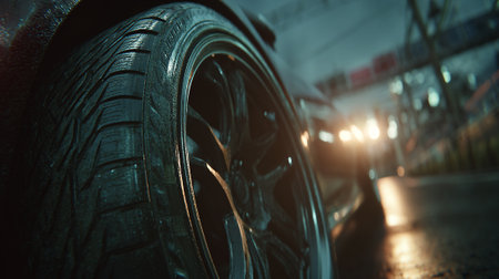 Car tires on the road in the evening. Selective focus.の素材