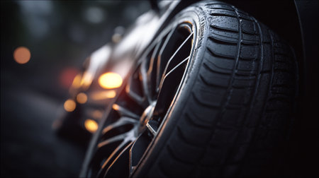 Car tires on the road. Close-up image of car tiresの素材