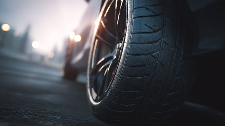 Car tires on the road in the evening. Selective focus.の素材