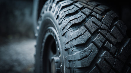 closeup of a winter tyre on a dirt road, shallow depth of fieldの素材