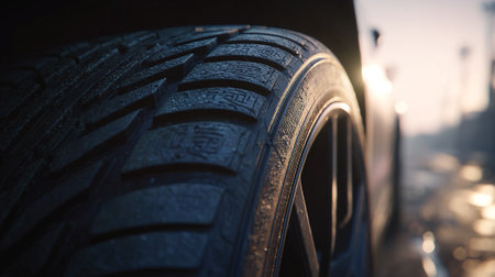 Close up of a car tire on a blurred background. Car tires.の素材