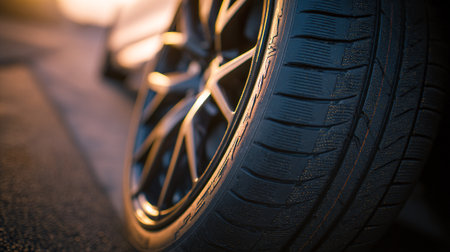 Close-up of car tires. Car wheel in the sunlight.の素材