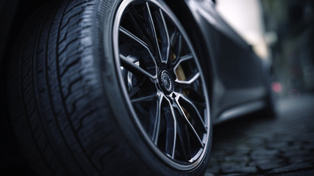 Close-up image of the wheel of a modern sports car.の素材