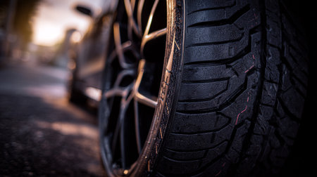Closeup of a car tire on a road in the evening.の素材