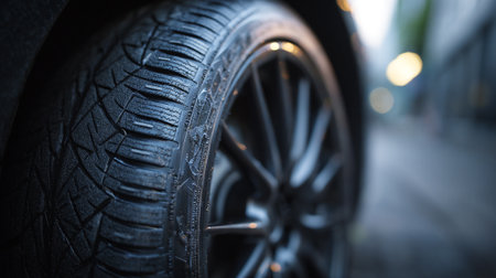 Close up of a car tire on a road in the city.の素材