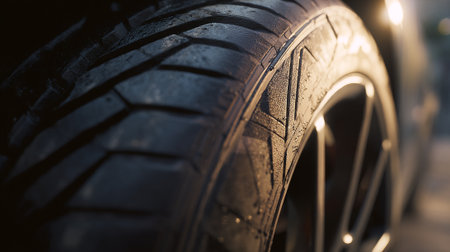 Closeup of car tire with shallow depth of field on blurred backgroundの素材