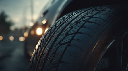 Car tires on the road in the evening, shallow depth of fieldの素材