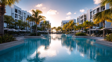 Swimming pool in luxury hotel resort. Luxury swimming pool at sunsetの素材