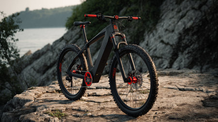 Mountain bike on the rocky shore of the lake. Mountain bike in the mountains.の素材