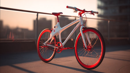 Red bicycle on the roof of a modern building. 3d renderingの素材
