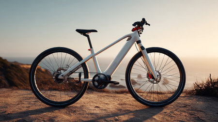 Bicycle on the beach at sunset. Travel and active lifestyle concept.の素材