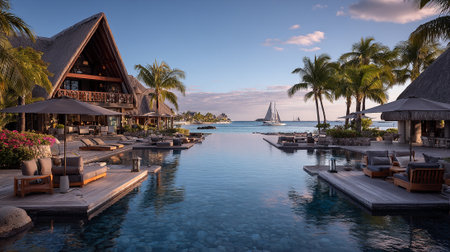 Luxury swimming pool with palm trees at sunset in luxury resortの素材