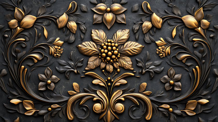 Ornament elements, vintage gold floral designs on black background.の素材