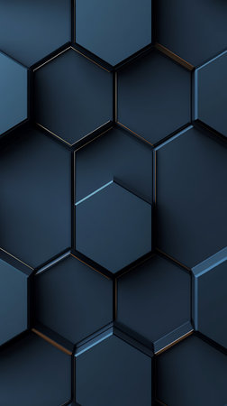 Abstract 3d rendering of hexagons. Dark blue background with glowing elements. Reflective surface.の素材