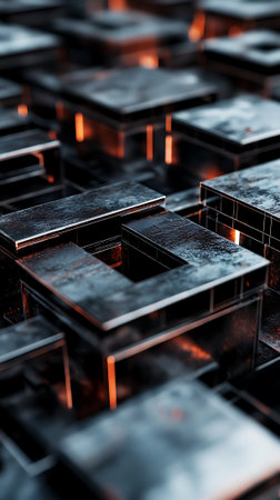 abstract background of metal cubes in black and orange light. 3d renderの素材