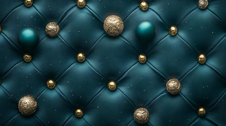 Luxury blue leather upholstery background with gold buttons. 3d renderの素材