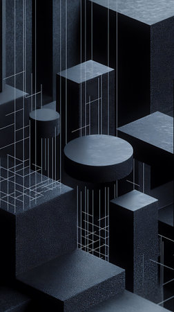 3d rendering of abstract geometric forms. Cubes, squares and rectangles in dark blue colorsの素材